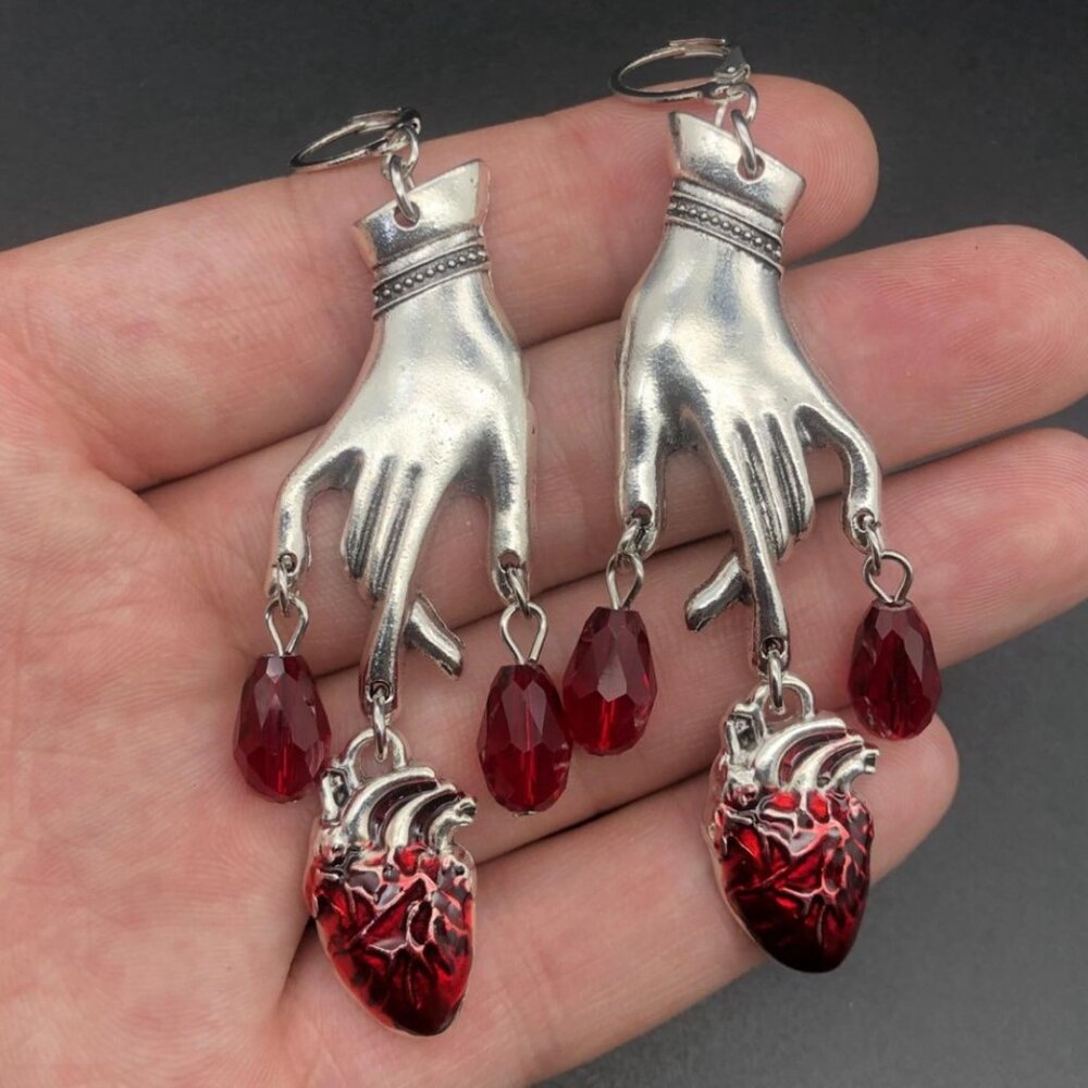 Dripping Bloody Fingers Halloween Earrings, Silver Tone